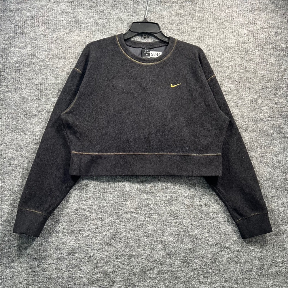 Nike Dri-FIT Cropped Fleece Sweatshirt Black Gold Contrast Stitch Womens Large